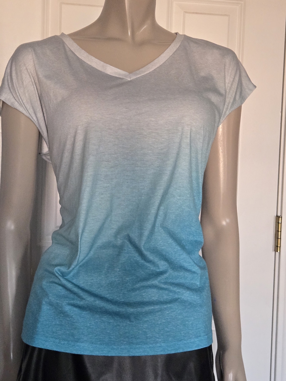 SHEIN White to Teal Ombre V-Neck Tee